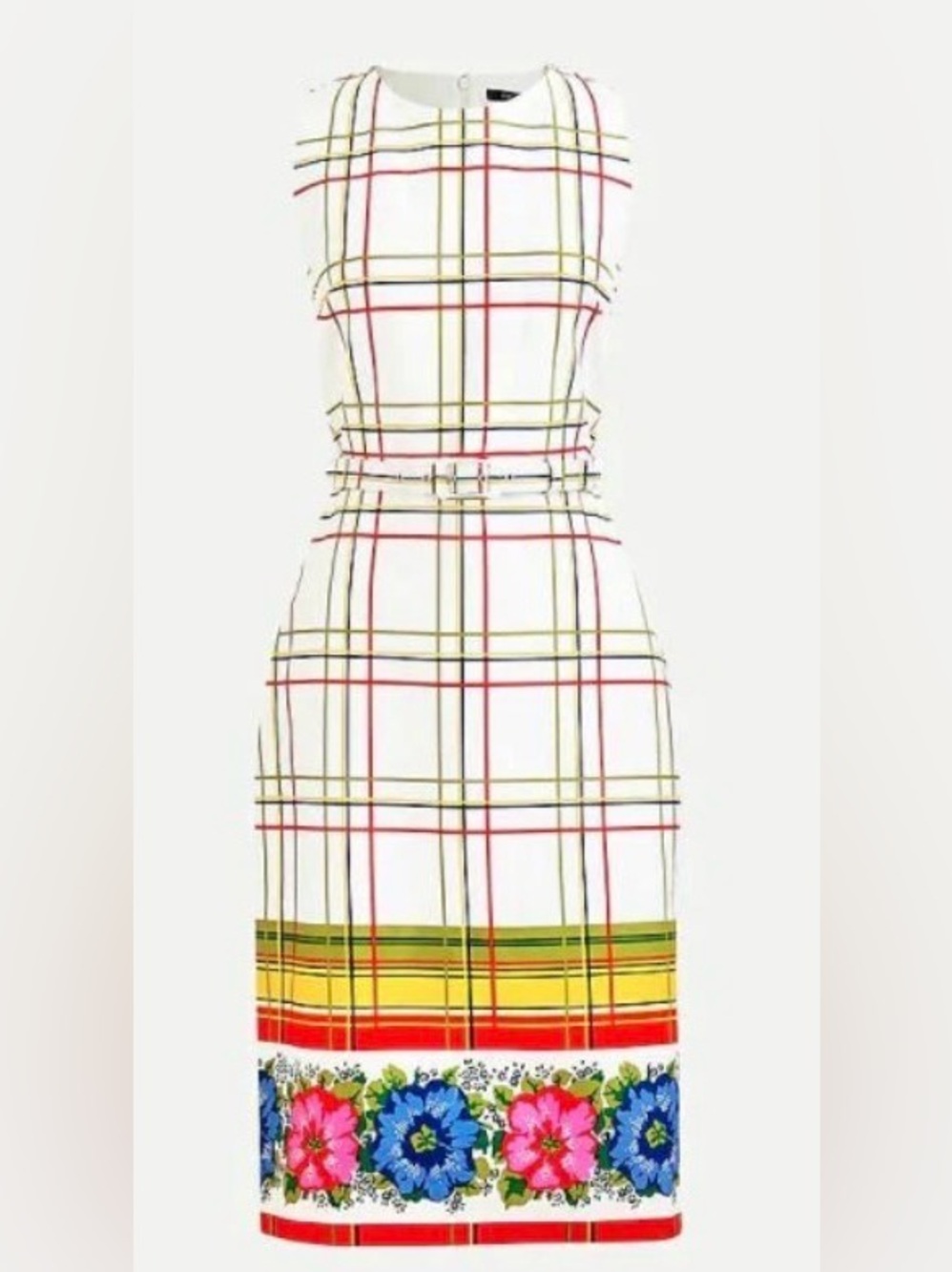 J.Crew Bi-Stretch Plaid Sheath Dress - Ivory Floral Border-Size 14 (Item AR697)